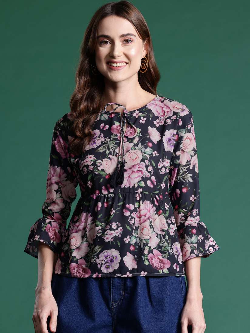 Buy DressBerry Floral Print Tie Up Neck Poet Sleeves Peplum Top Tops for Women 23977690 Myntra