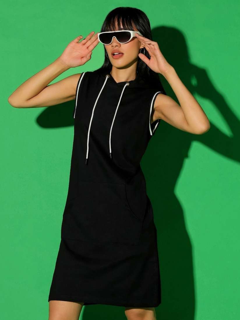 Buy Bewakoof Black Round Neck Sleeveless Pure Cotton Hooded T shirt Dress Dresses for Women 23982256 Myntra