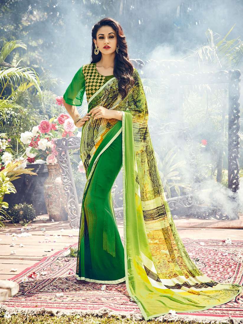 Buy Shaily Green Yellow Abstract Printed Pure Georgette Saree Sarees for Women 23983306 Myntra