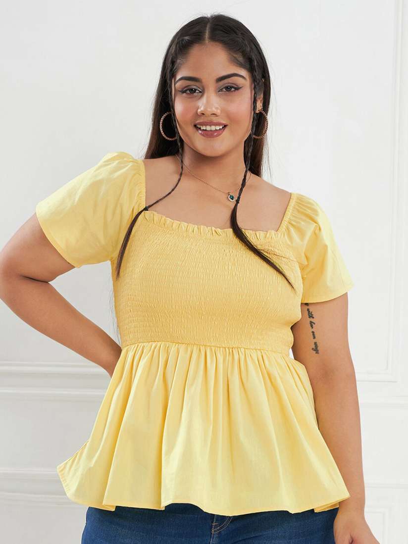 Buy CURVE BY KASSUALLY Plus Size Yellow Square Neck Smocked Pure Cotton Peplum Top Tops for Women 23990984 Myntra