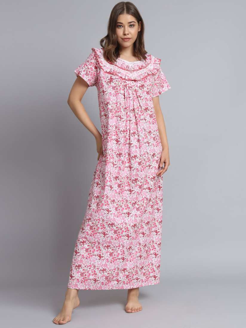 Buy SEPHANI Floral Printed V Neck Pure Cotton Night Maxi Dress Nightdress for Women 23994106 Myntra