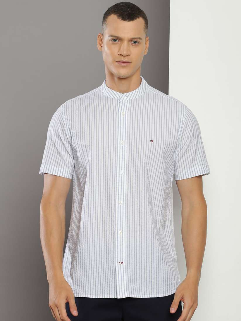 Buy Tommy Hilfiger Band Collar Short Sleeves Striped Casual Shirt