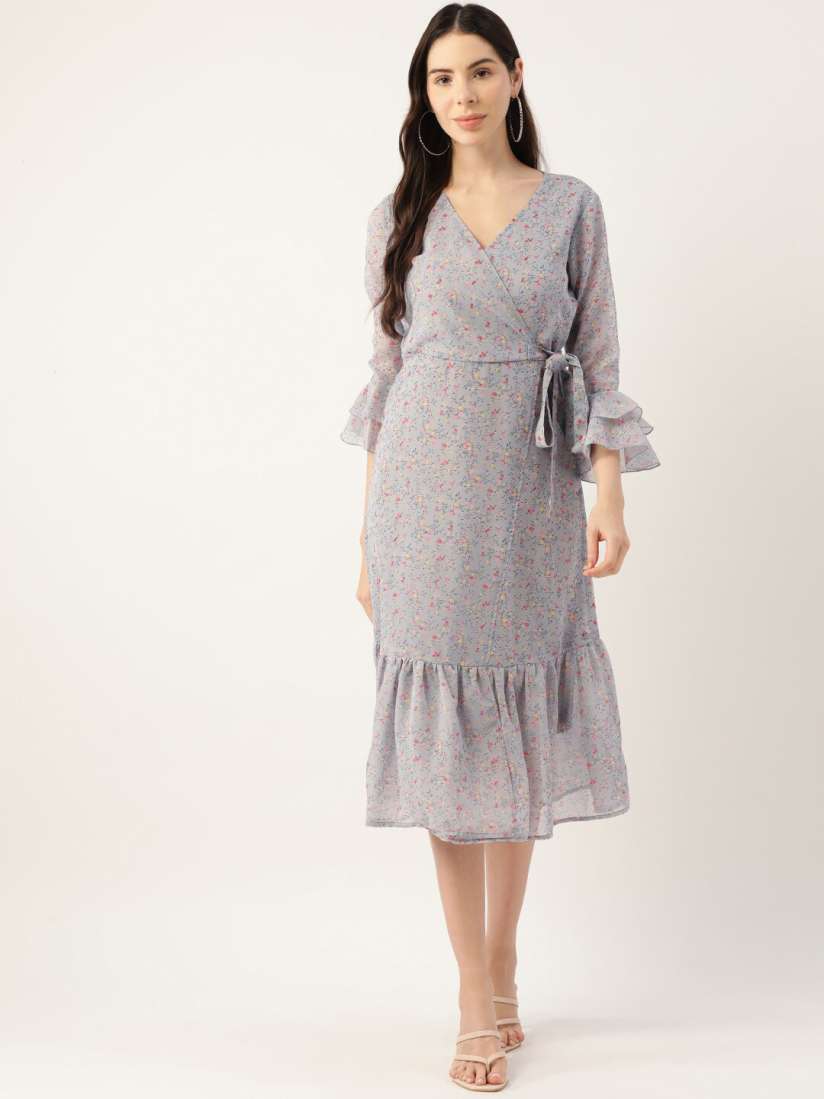 Buy DressBerry Grey Floral Printed Georgette Warp Midi Dress Dresses for Women 24000238 Myntra