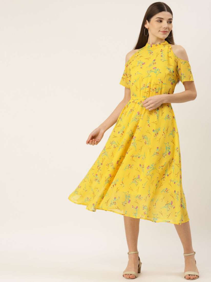 Buy DressBerry Yellow Floral Printed Cold Shoulder Fit Flare Midi Dress Dresses for Women 24000242 Myntra