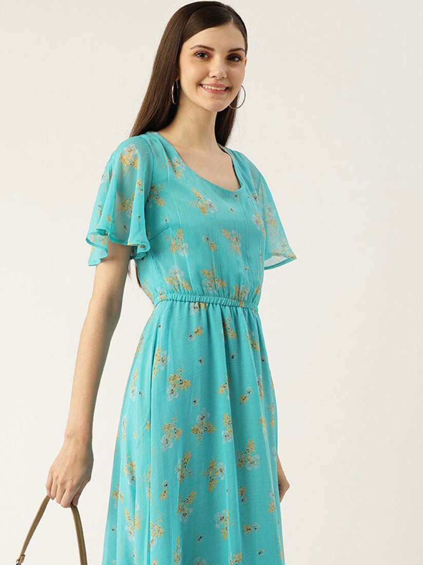 Floral print flared sleeve pleated chiffon dress 2025