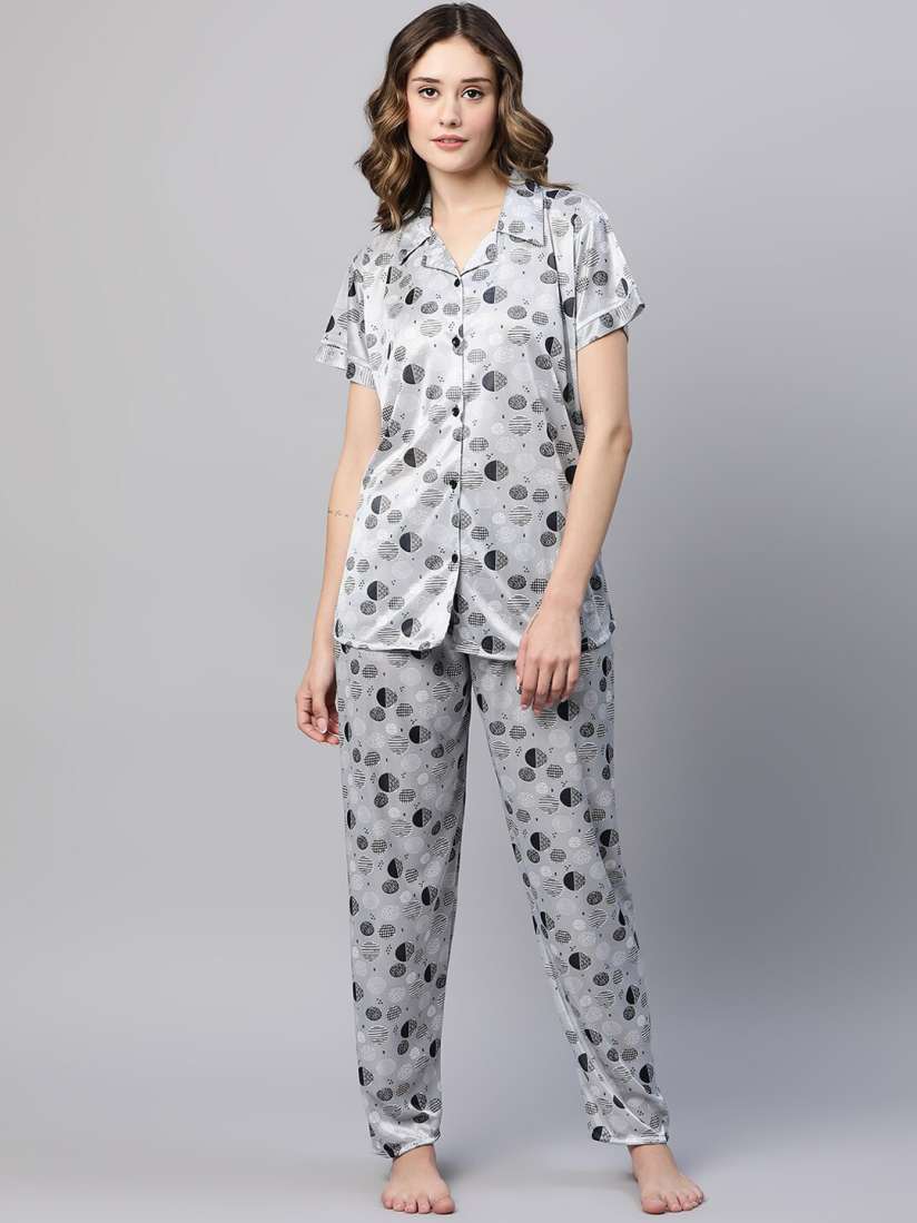 Buy AV2 Geometric Printed Satin Shirt Pyjamas Night suits for Women 24040018 Myntra