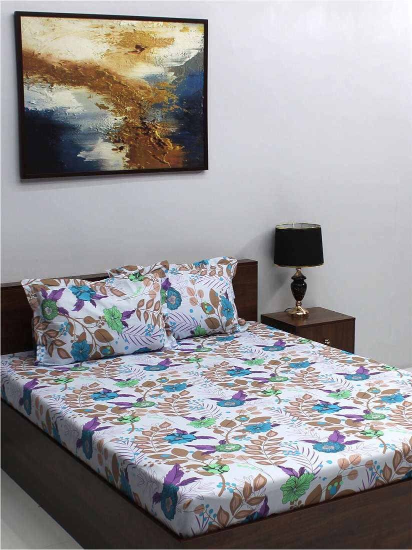 Buy BOMBAY DYEING Ivyrose White Blue Floral Cotton 110 TC Queen Bedsheet 2 Pillow Covers Bedsheets for Unisex 24045004 Myntra