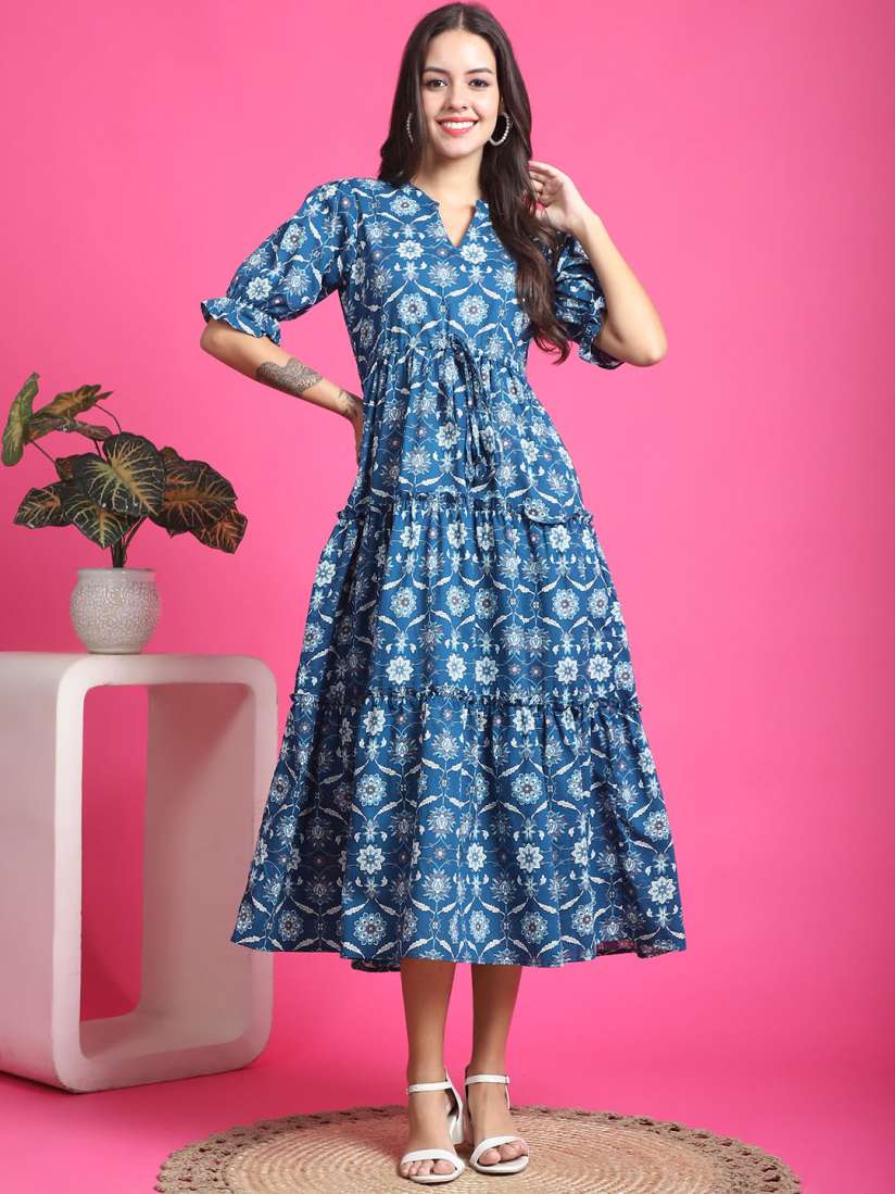 Buy Claura Blue Floral Printed Mandarin Collar Tiered Cotton Cambric Fit Flare Midi Dress Dresses for Women 24052784 Myntra