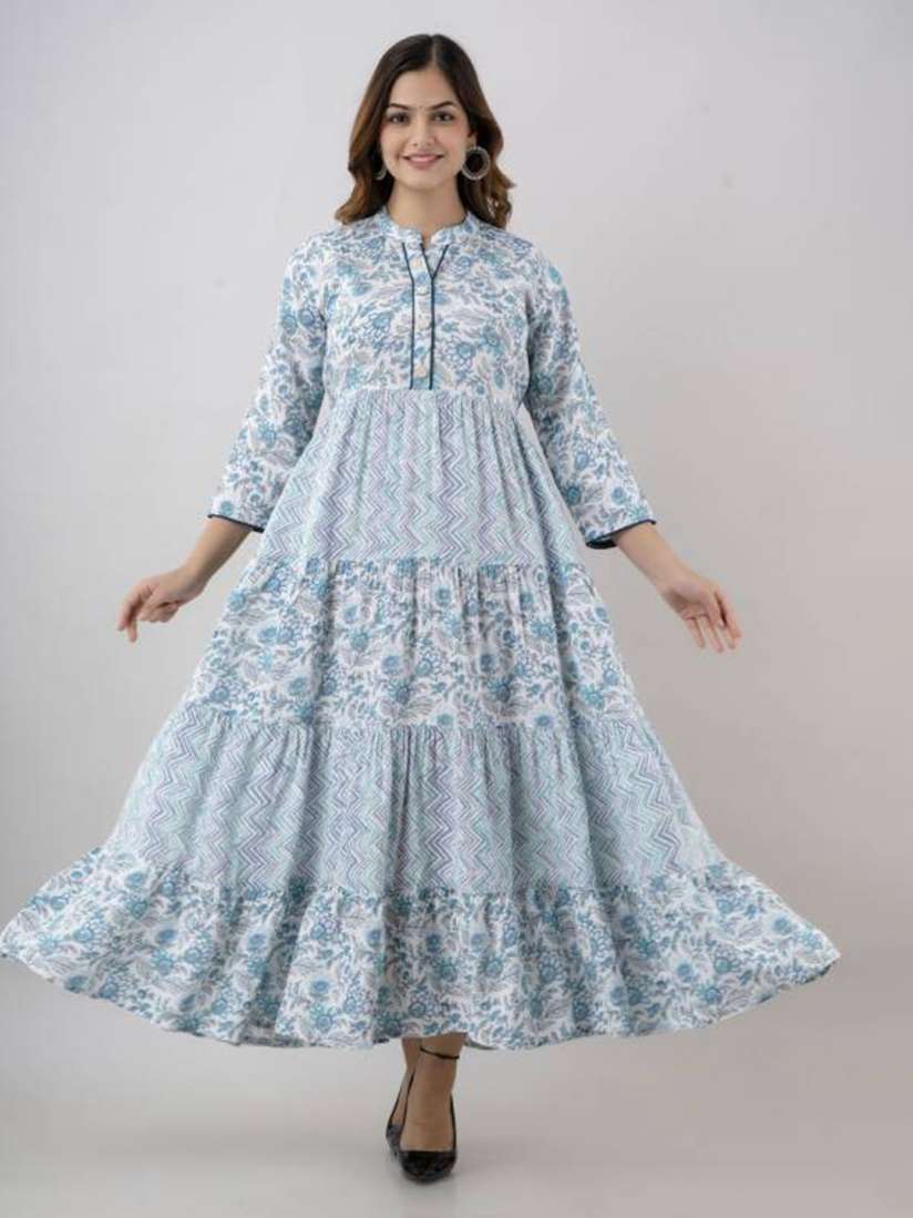 Buy SBR BABA KURTI Floral Printed Mandarin Collar Tie Ups Tiered Fit Flare Maxi Ethnic Dress Ethnic Dresses for Women 24054598 Myntra