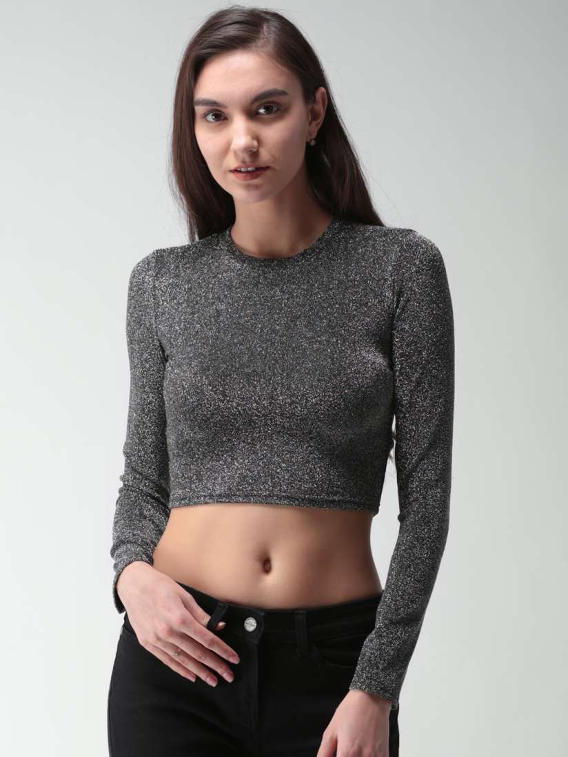 Buy FOREVER 21 Women Silver Toned Black Solid Crop Top Tops for Women 2406073 Myntra