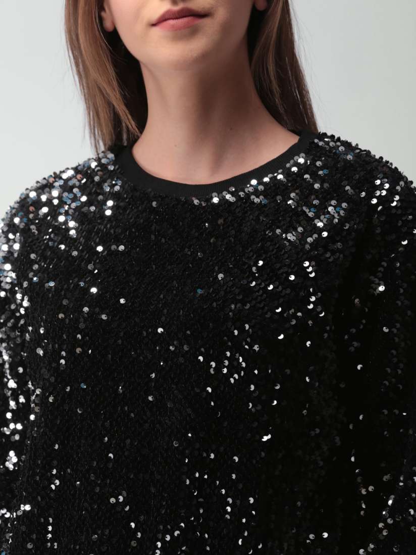 Buy FOREVER 21 Women Black Silver Toned Self Design Sweatshirt Sweatshirts for Women 2406154 Myntra