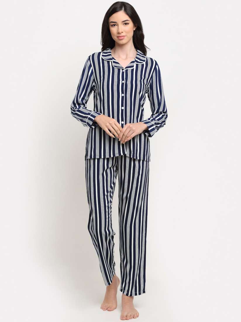 Buy Kanvin Navy Blue White Striped Shirt Pyjamas Night suits for Women 24091958 Myntra