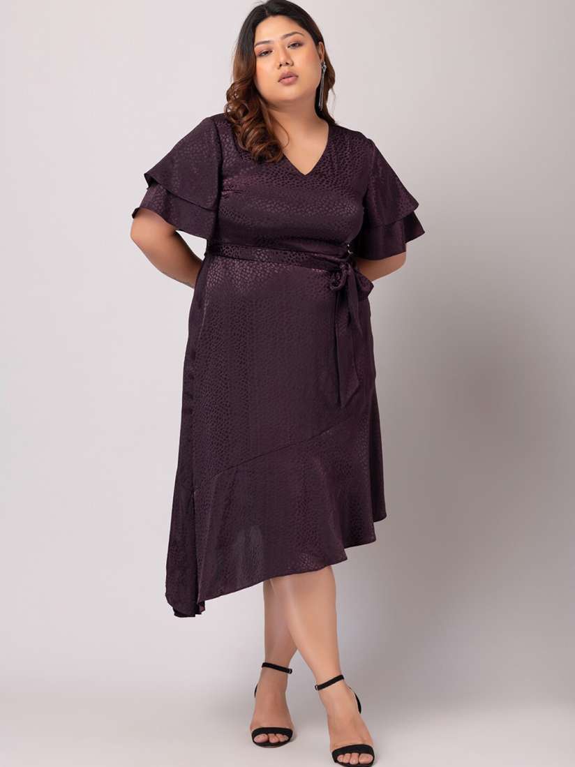 Buy FabAlley Curve Plus Size Self Designed V Neck Flared Sleeves Satin A Line Dress Dresses for Women 24134650 Myntra