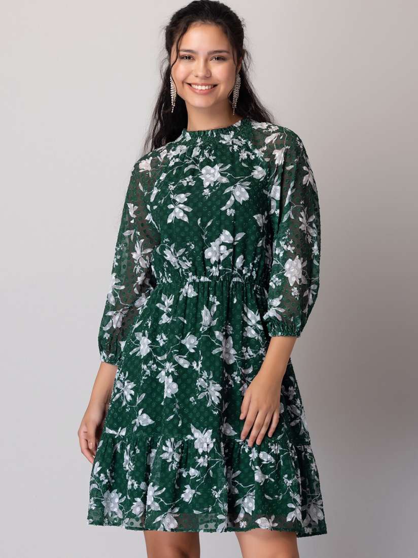 Buy FabAlley Green Floral Printed High Neck Smocked Detail Fit Flare Dress Dresses for Women 24134890 Myntra