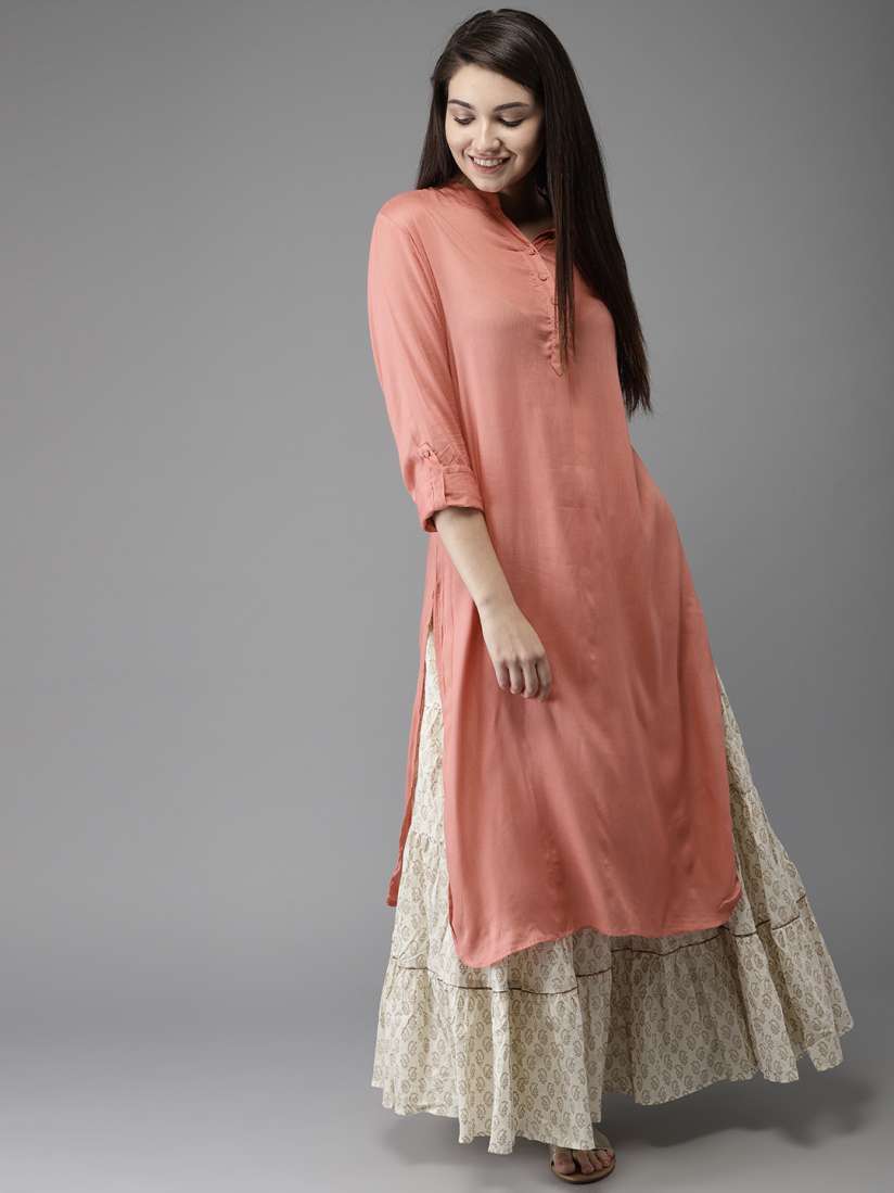 Peach georgette solid straight kurta top
