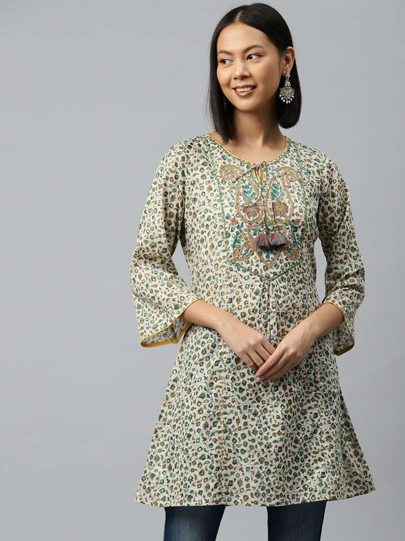 Buy Nayam By Lakshita Floral Printed Tie Up Neck Flared Sleeves Sequinned Pure Cotton Kurti Kurtis for Women 24157340 Myntra