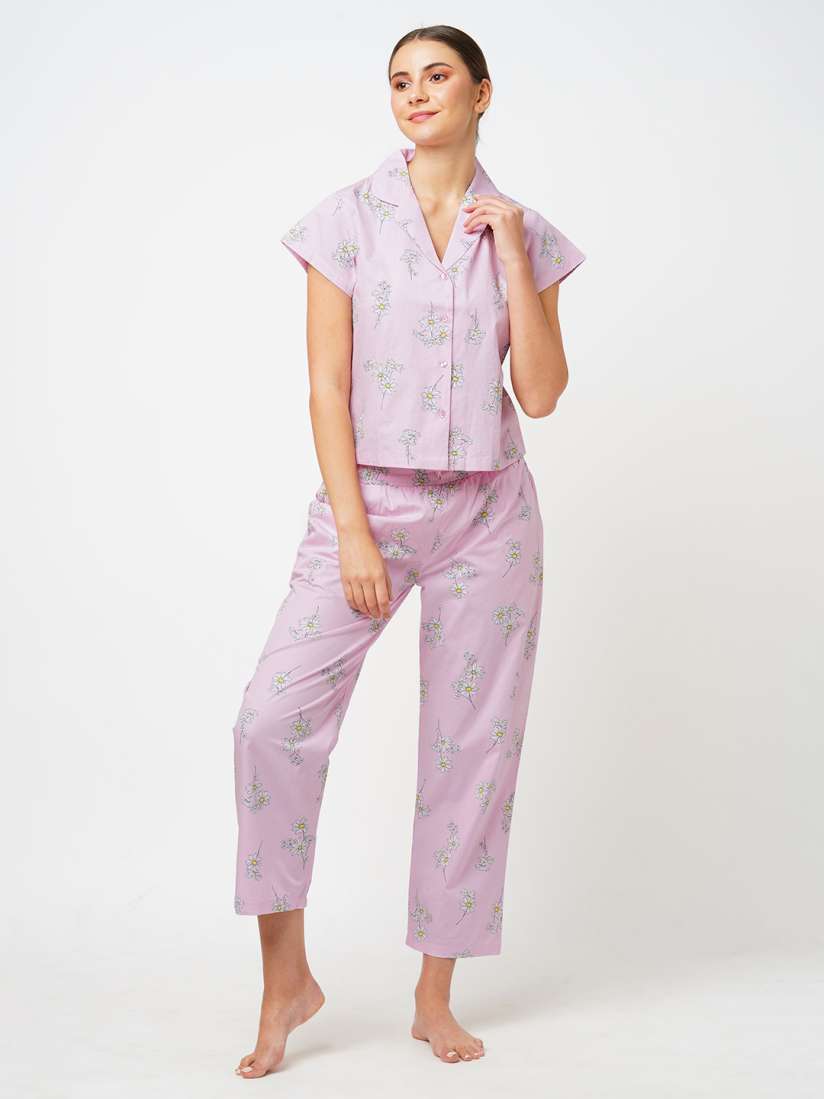 Buy ESTERIA Lapel Collar Floral Printed Pure Cotton Night suit Night suits for Women 24170582 Myntra
