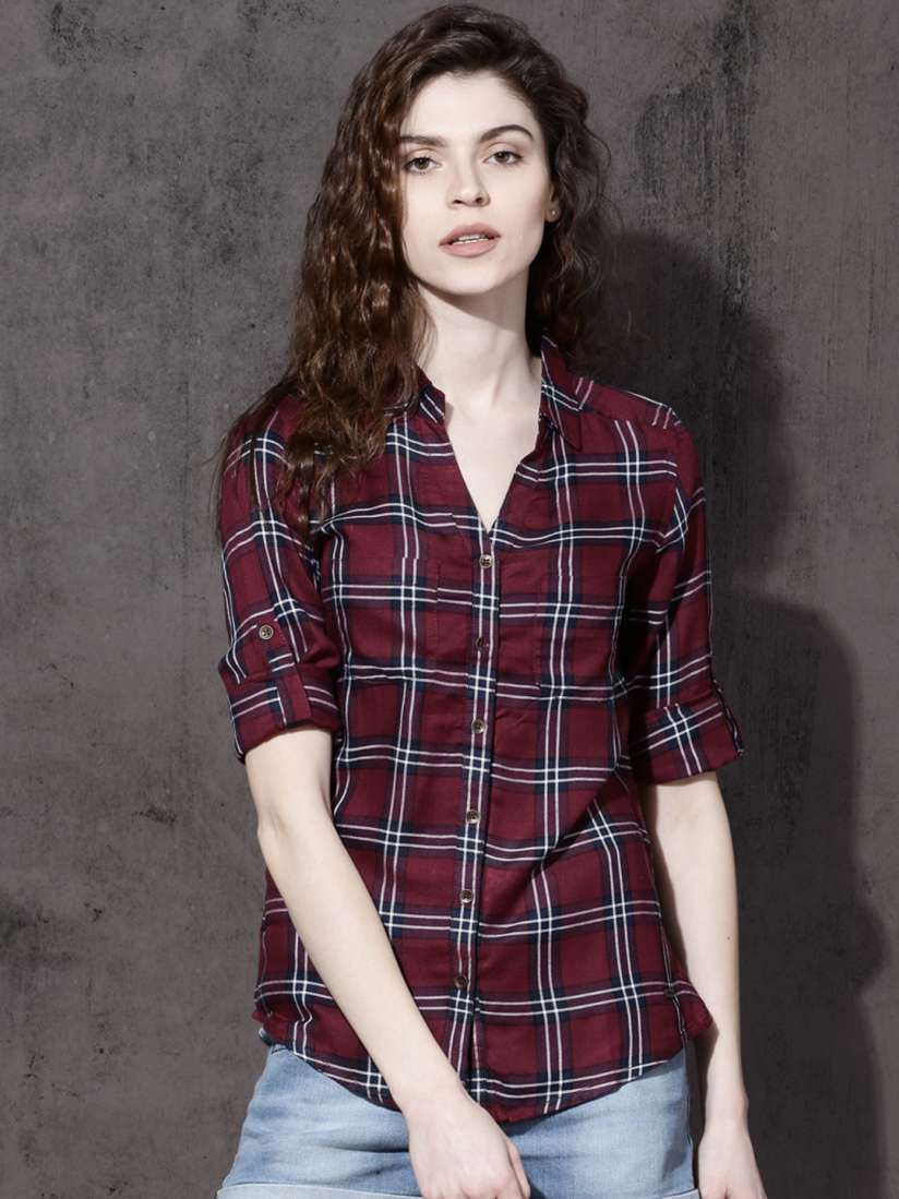 Buy Roadster Time Travlr Women Maroon Navy Blue Slim Fit Checked Casual Shirt Shirts for Women 2420098 Myntra