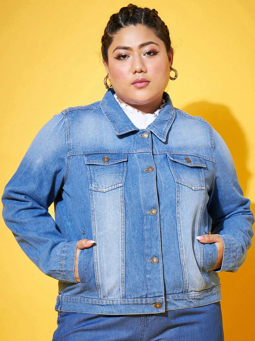 Buy SASSAFRAS Curve Plus Size Washed Denim Jacket Jackets for Women 24203432 Myntra