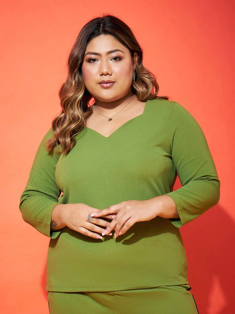 Buy SASSAFRAS Curve Green Plus Size Sweetheart Neck Regular Top Tops for Women 24203736 Myntra