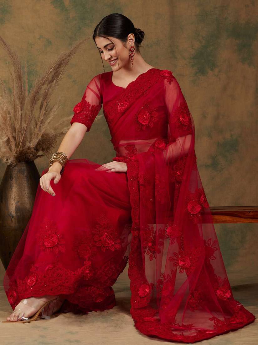 Red saree myntra on sale