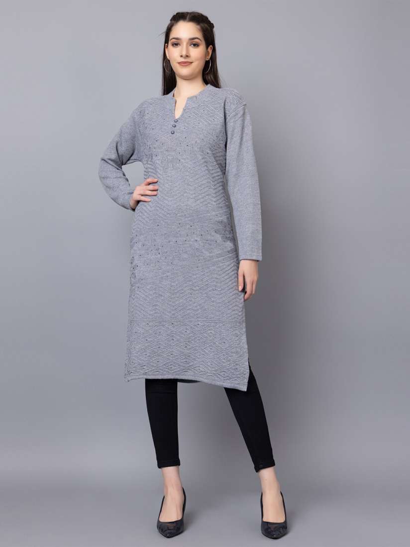 Buy TYSORT Woven Designed Sequinned Detailed Mandarin Collar Straight Woolen Kurta Kurtas for Women 24258046 Myntra