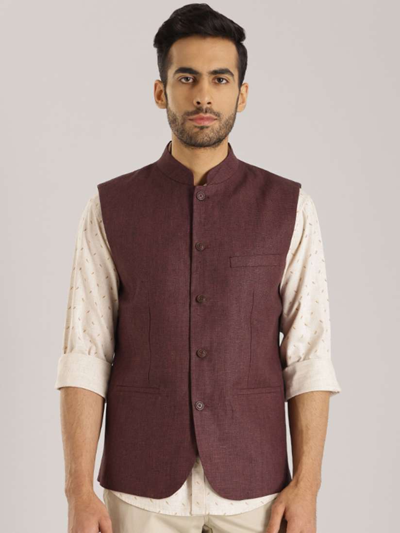 Buy Indian Terrain Mandarin Collar Pure Linen Waistcoat Waistcoat for Men 24269930 Myntra