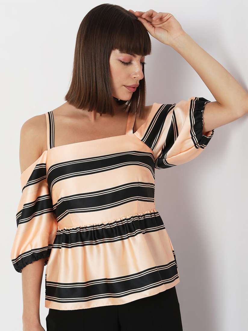 Smocked cold shoulder top deals