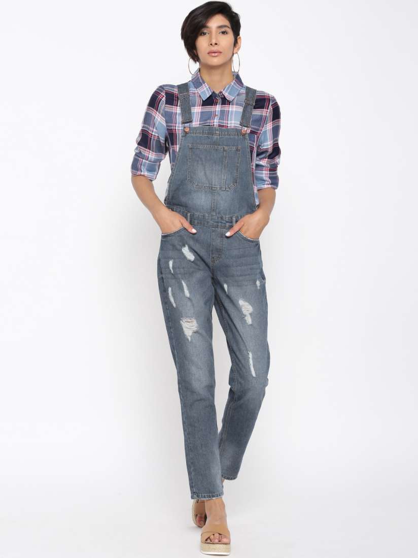 Distressed denim dungarees clearance