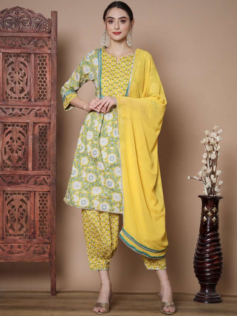 Buy Sangria Yellow Floral Printed Pure Cotton A Line Kurta Salwar With Dupatta Kurta Sets for Women 24282060 Myntra