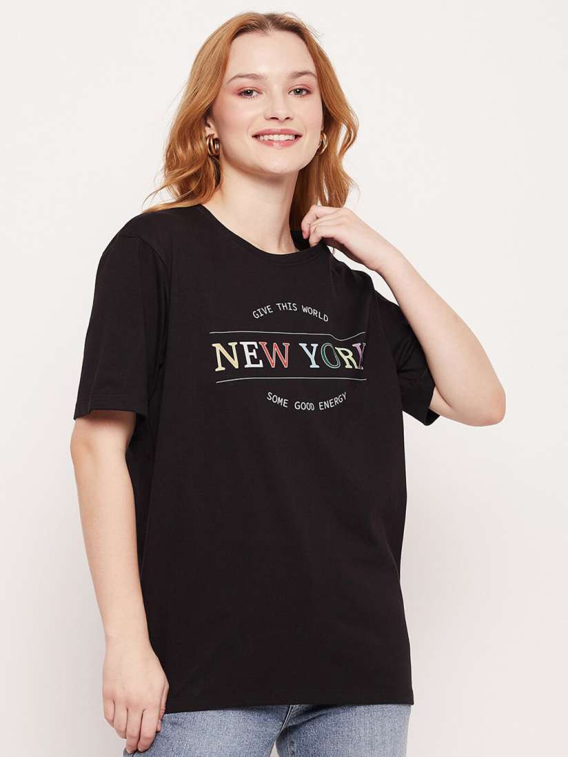 Buy Mast Harbour Women Black Typography Printed Pure Cotton Oversized T shirt Tshirts for Women 24284620 Myntra