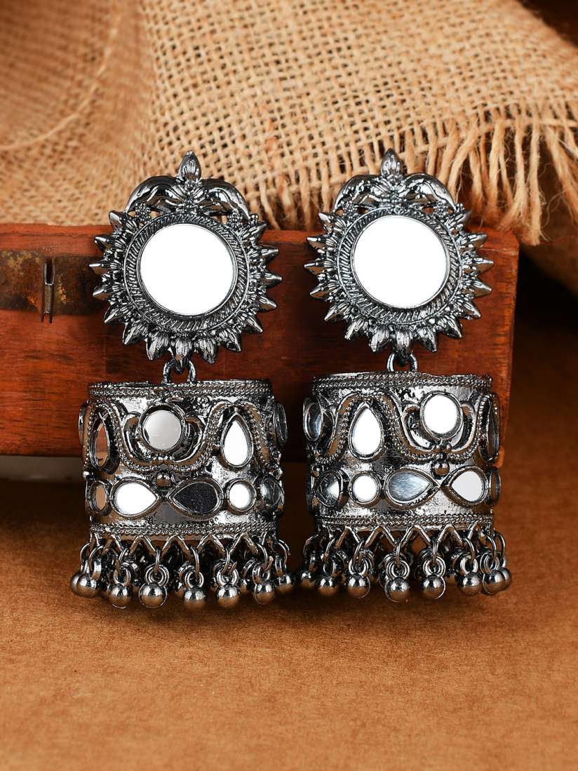 Buy AQUASTREET Silver Plated Copper Black Stylish Mirror studded Drop Jhumka Earrings Earrings for Women 24290424 Myntra