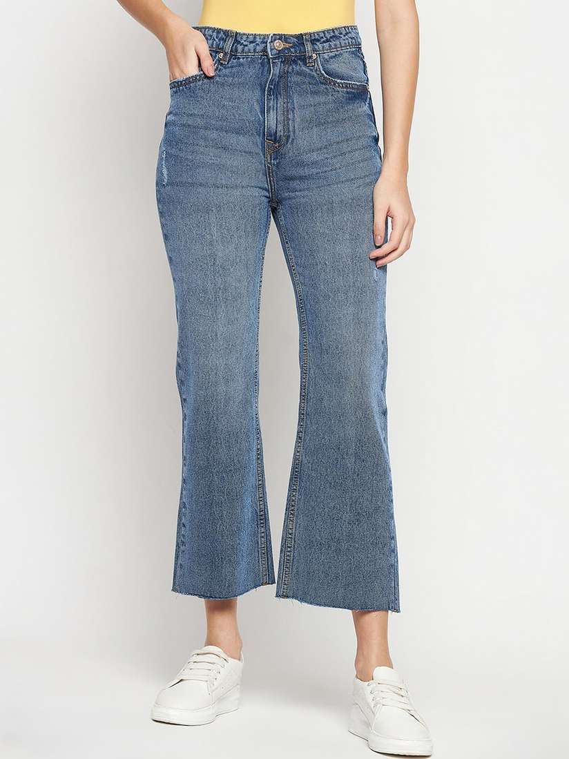 Cropped Bootleg Flare Jeans Madame Women Low Distress Light Fade