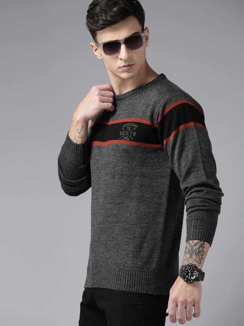 Buy The Roadster Lifestyle Co. Horizontally Striped Pullover with Embroidered Detail Sweaters for Men 24297898 Myntra