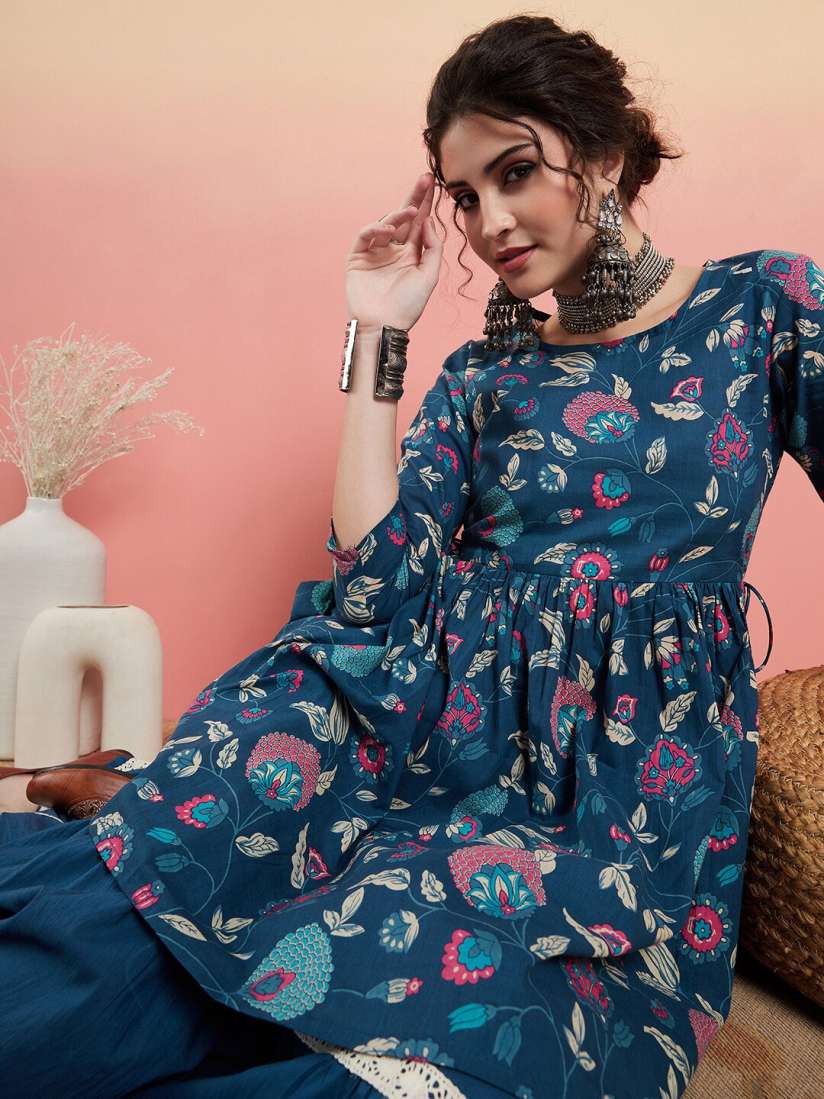 Buy Sangria Blue Floral Printed Pure Cotton Anarkali Kurti With Trousers Kurta Sets for Women 24314002 Myntra