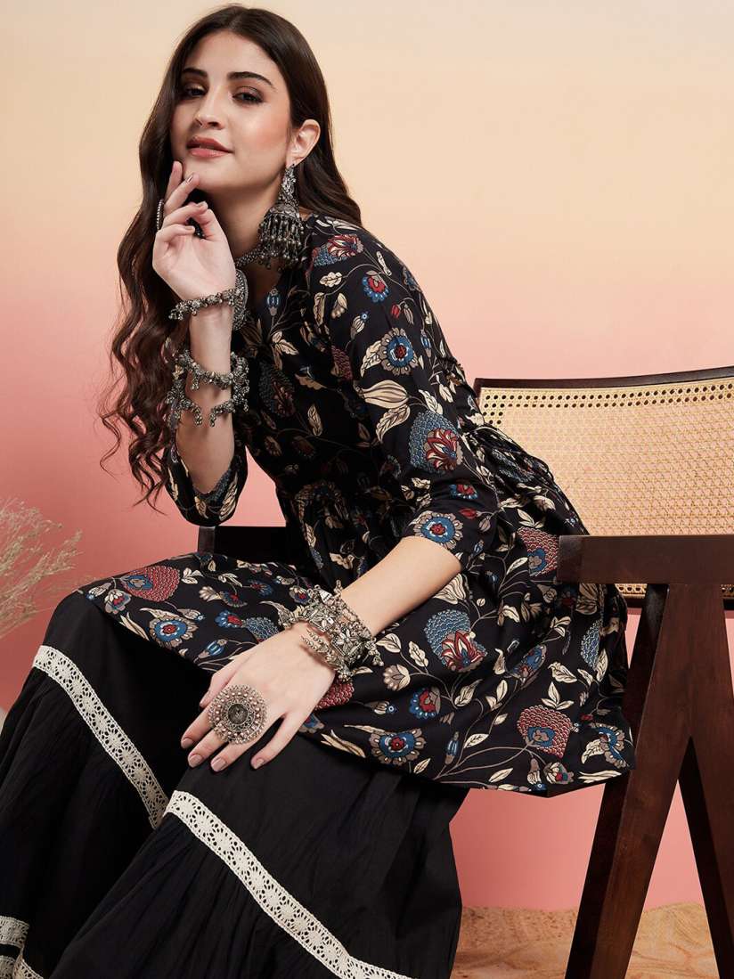 Buy Sangria Floral Printed Pure Cotton Anarkali Kurti With Sharara Kurta Sets for Women 24314016 Myntra