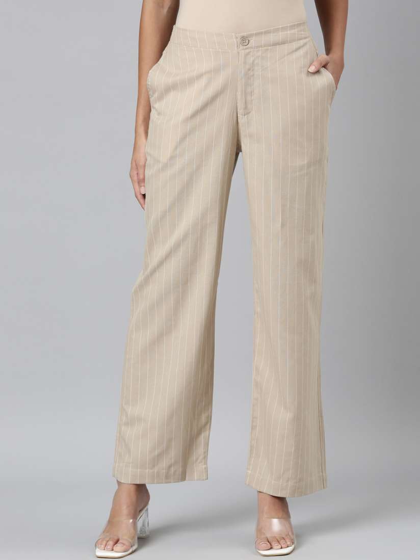 Buy Go Colors Women Striped Cotton Parallel Trousers Trousers for Women 24319198 Myntra