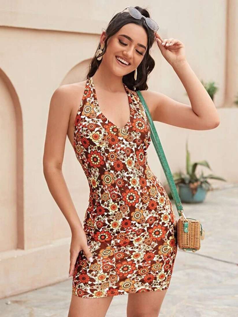Buy BAESD Floral Printed Halter Neck Bodycon Mini Dress Dresses for Women 24323238 Myntra