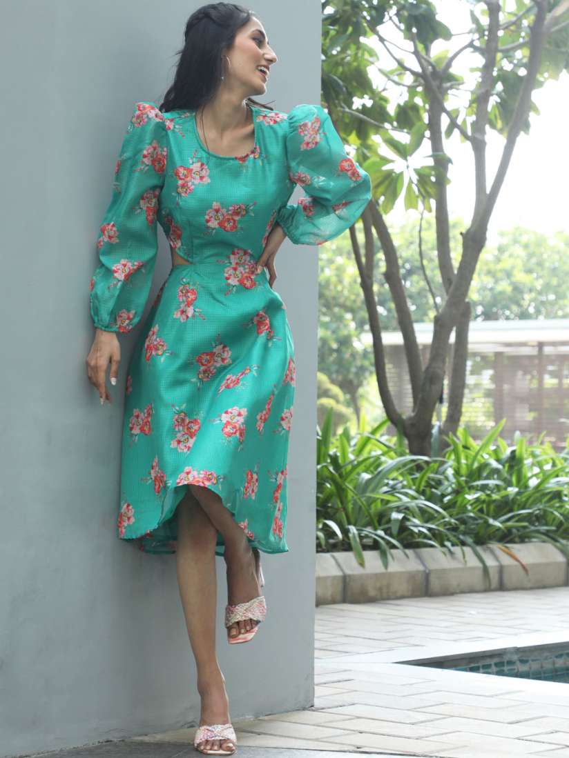 Buy AKS Floral Printed Puff Sleeves Cut Out Cotton Sheath Midi Dress Dresses for Women 24326168 Myntra