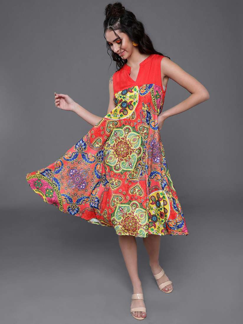 Buy AKS Floral Printed Mandarin Collar Silk A Line Dress Dresses for Women 24326176 Myntra