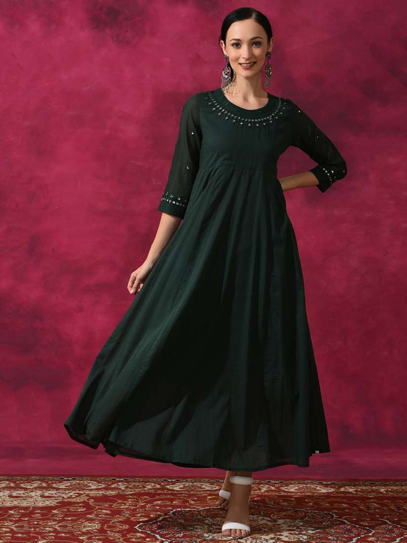 Buy AKS Mirror Work Embroidered Fit And Flare Cotton Maxi Dress Dresses for Women 24326226 Myntra