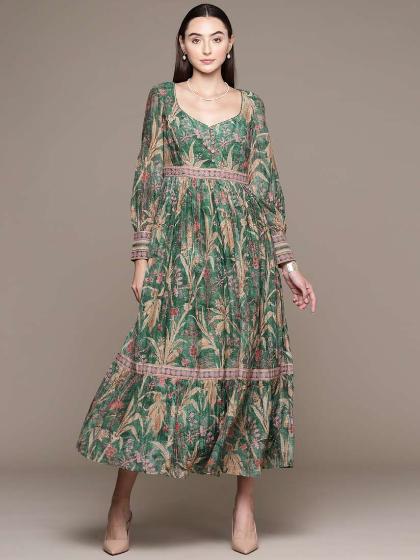 Buy Ritu Kumar Floral Print Bishop Sleeves Sweetheart Neck Tiered A Line Midi Dress Dresses for Women 24334446 Myntra