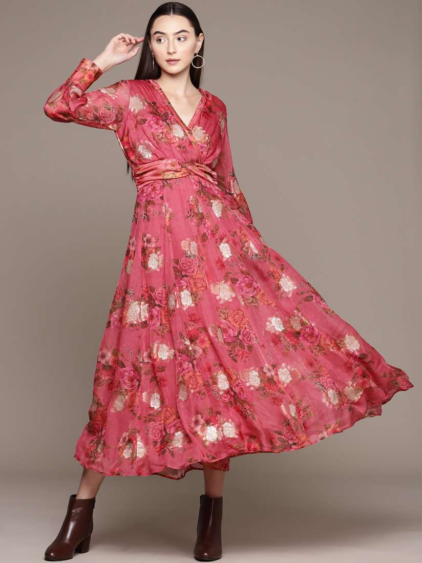 Buy Ritu Kumar Floral Print Puff Sleeve Jacquard Midi Dress Dresses for Women 24334476 Myntra