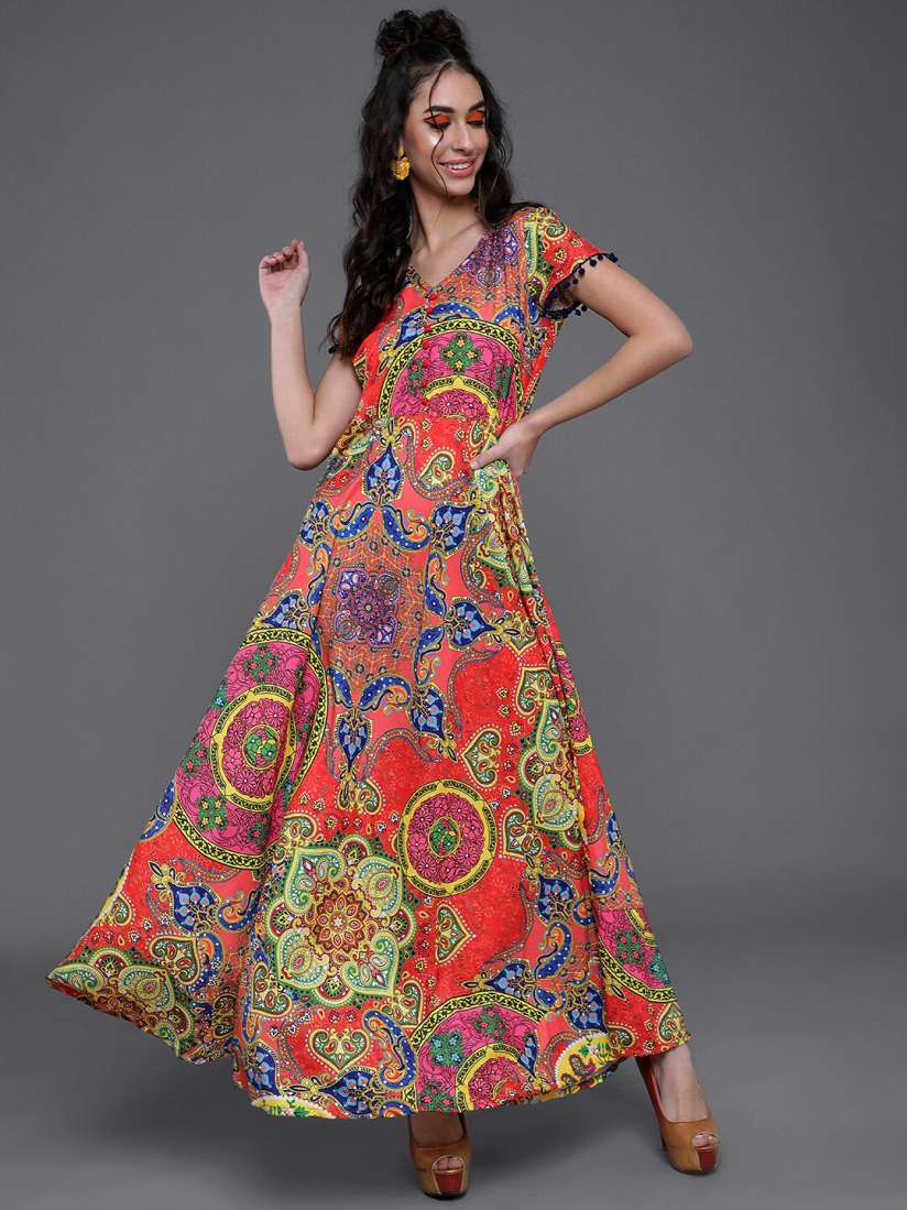Buy AKS Ethnic Motifs Printed V Neck Maxi Dress Dresses for Women 24353288 Myntra