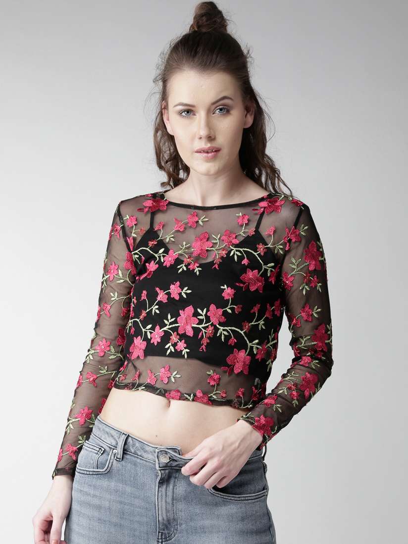 Flower embroidery mesh crop top new arrivals