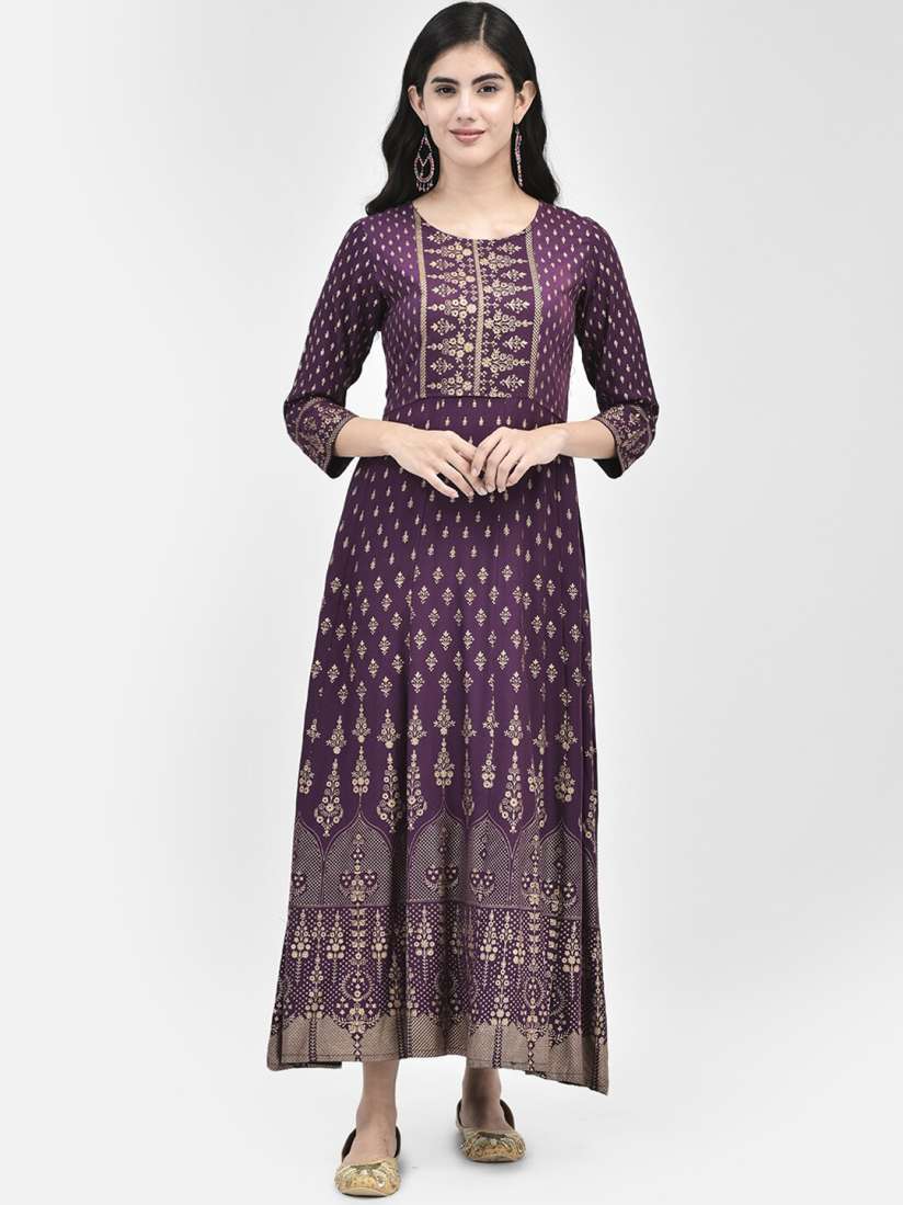 Buy Span Women Ethnic Printed Round Neck Three quarter Sleeve Maxi Ethnic Dress Ethnic Dresses for Women 24366450 Myntra
