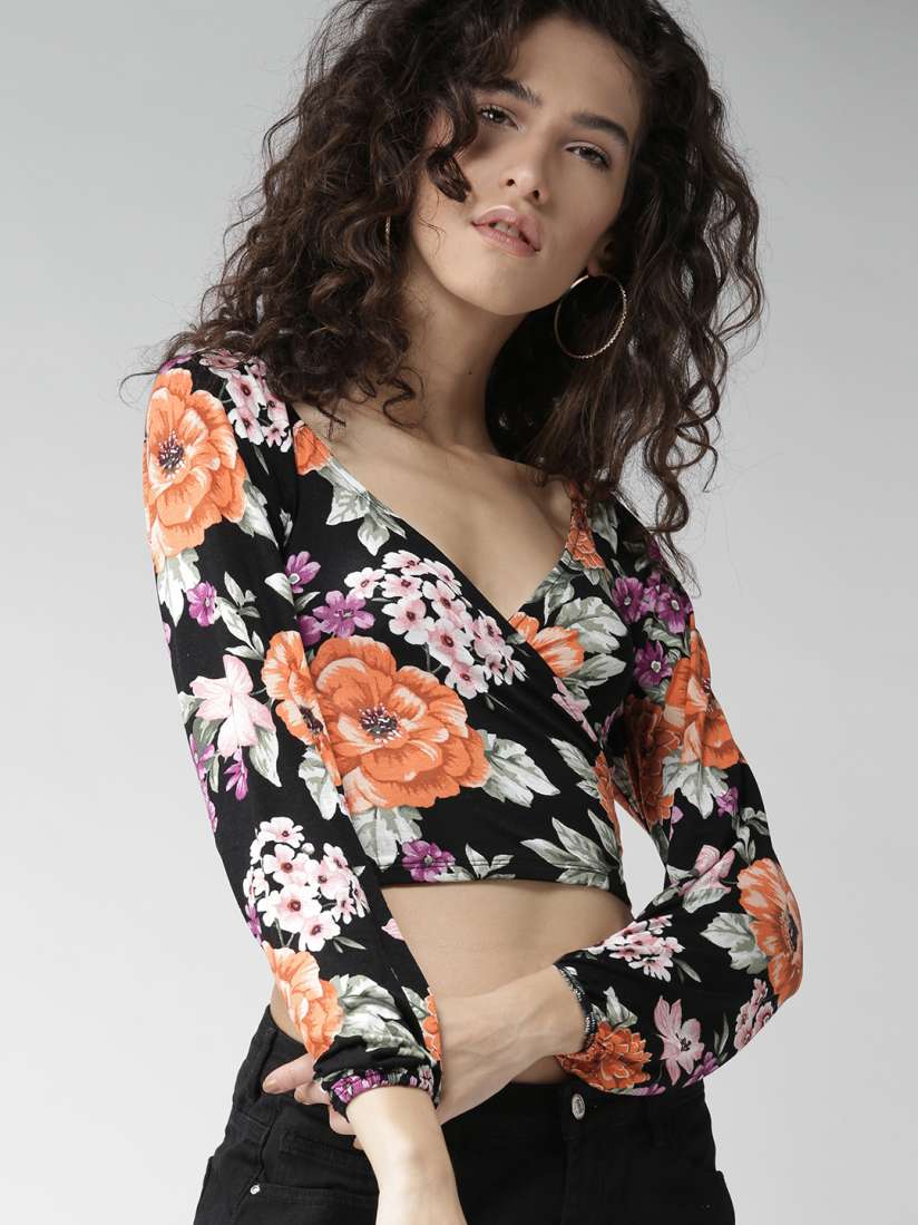 Buy FOREVER 21 Women Black Orange Floral Print Crop Wrap Top Tops for Women 2436715 Myntra