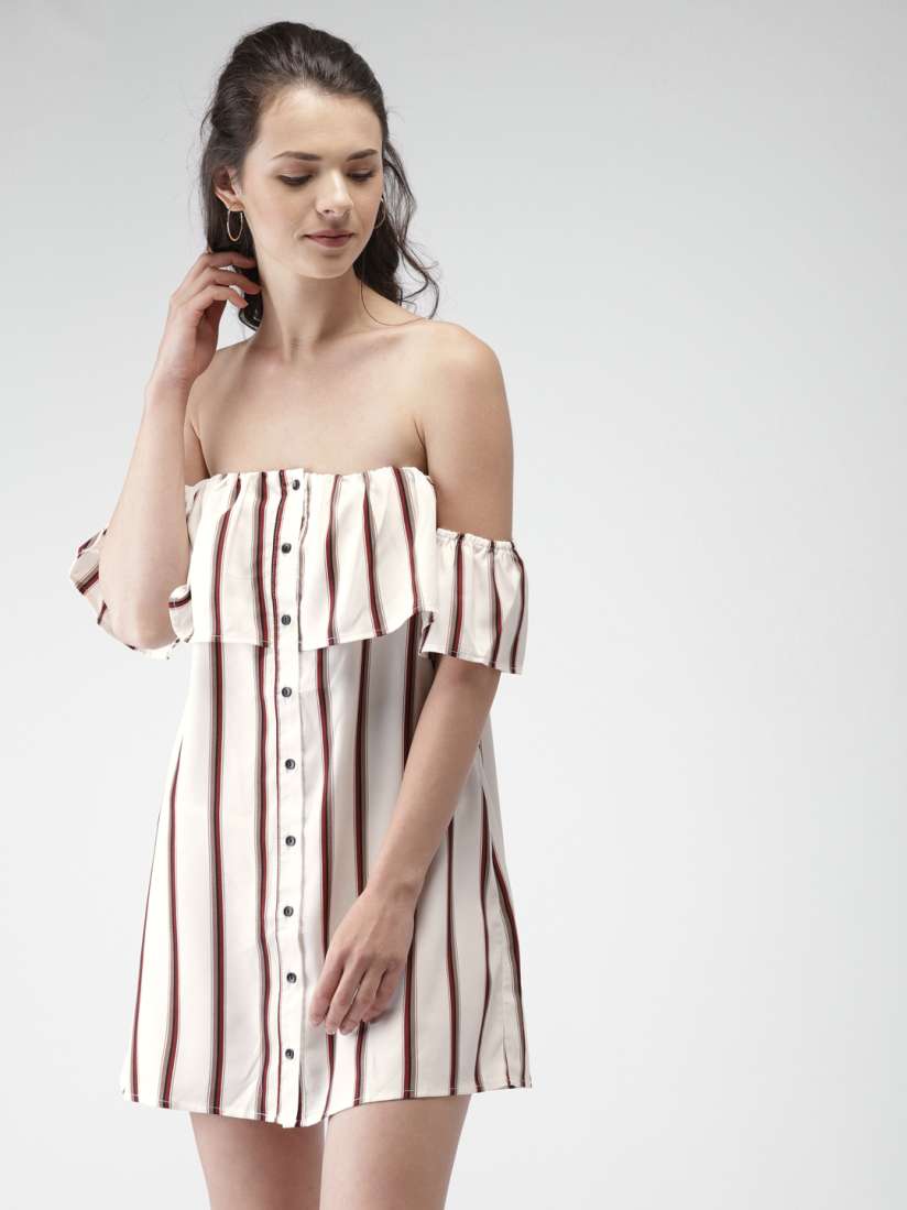 Buy FOREVER 21 Women Off White Maroon Striped Off Shoulder A Line Dress Dresses for Women 2436918 Myntra
