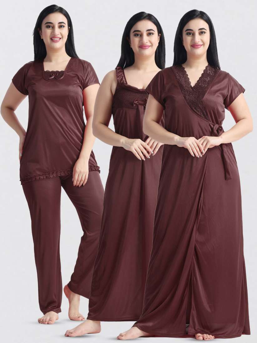 Buy NIGHT KEYS Pack Of 4 Lace Bow Detail Satin Maxi Nightdress With Robe Night Suit Nightdress for Women 24370484 Myntra