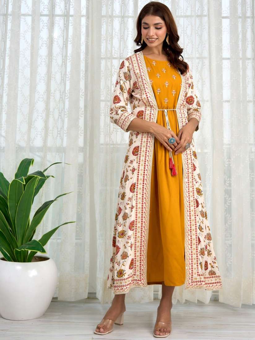 Buy KALINI Floral Embroidered Tie Ups A Line Ethnic Dress With Jacket Ethnic Dresses for Women 24384184 Myntra